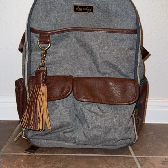 Itzy Ritzy Gray and Brown Backpack with Tassel